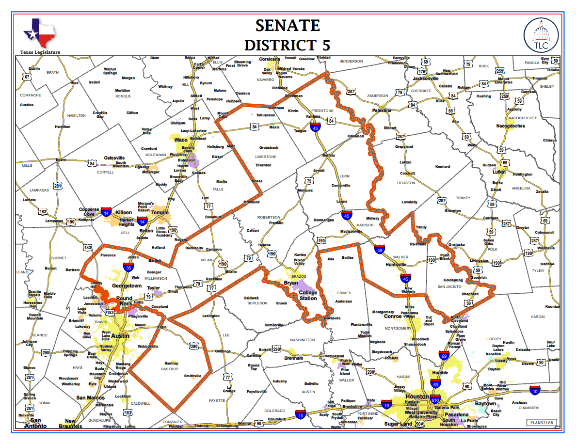 Texas Senate District 5 boundary map